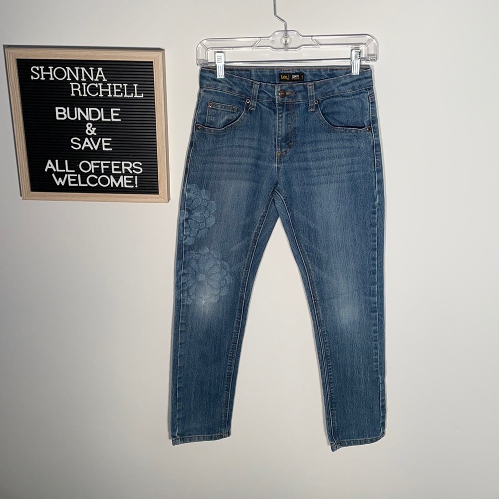 Custom Flower Bleached Lee Slim Fit Jeans Size 12 adjustable waist